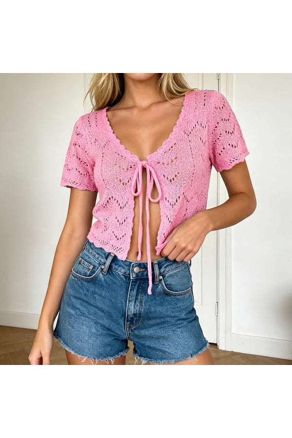 Knitted Beach Short Sleeve Hollow Cardigan Open Front Casual Cover Up Summer Lightweight Breathable Sheer Layer Top Summer Casual Tops for Women Long Tunic Women on Shirts Long Sleeve Colla