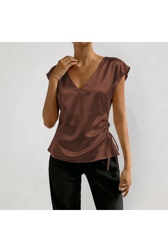 Solid Satin Short Sleeve Blouse Lightweight V Neck Fitted Casual Top Shirt Short Sleeves Top Sunblock Shirts for Women Long Sleeve Womens Blouses Button down under Shirt with Sleeves Baseball