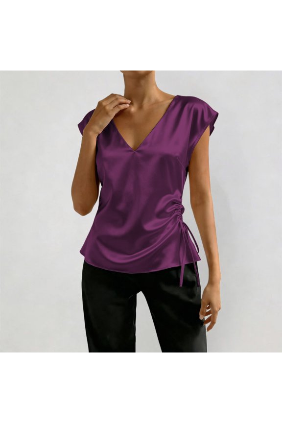 Solid Satin Short Sleeve Blouse Lightweight V Neck Fitted Casual Top Shirt Short Sleeves Top Sunblock Shirts for Women Long Sleeve Womens Blouses Button down under Shirt with Sleeves Baseball
