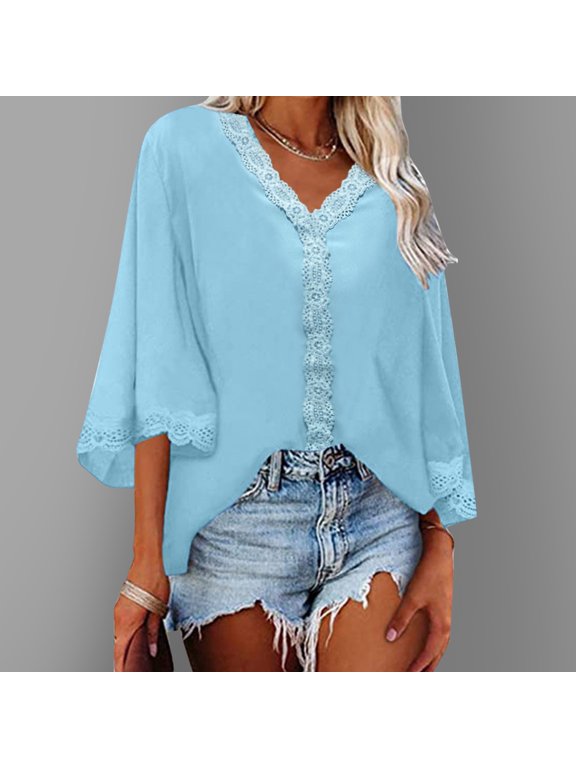Women Fashion Casual Flared Sleeve V Neck Loose Shirt Top Summer Button down Shirts for Women Women Button down Blouse Shirt Super Tight Sleeve Casual Shirts for Women Summer 3 4 Sleeve