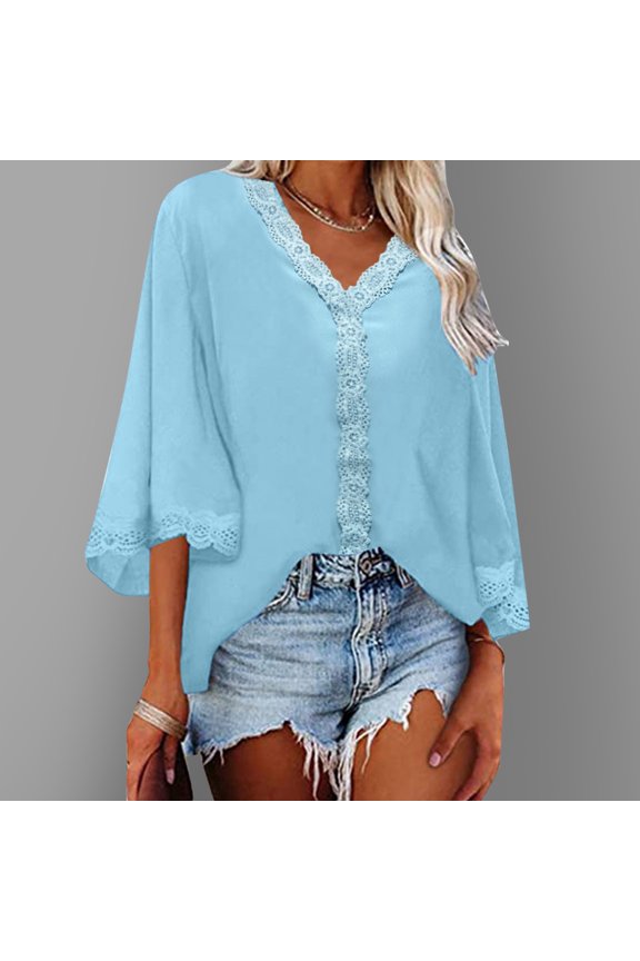 Women Fashion Casual Flared Sleeve V Neck Loose Shirt Top Summer Button down Shirts for Women Women Button down Blouse Shirt Super Tight Sleeve Casual Shirts for Women Summer 3 4 Sleeve