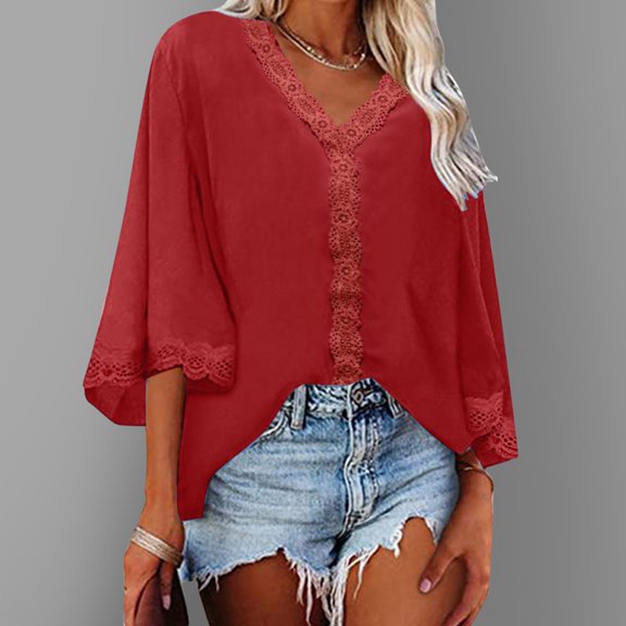 SHUNSUI Women Fashion Casual Flared Sleeve V Neck Loose Shirt Top Summer Button down Shirts for Women Women Button down Blouse Shirt Super Tight Sleeve Casual Shirts for Women Summer 3 4 Sleeve