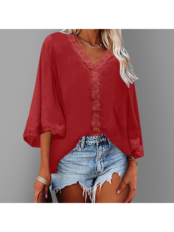 Women Fashion Casual Flared Sleeve V Neck Loose Shirt Top Summer Button down Shirts for Women Women Button down Blouse Shirt Super Tight Sleeve Casual Shirts for Women Summer 3 4 Sleeve