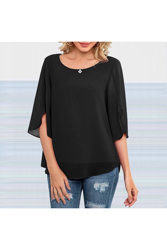 Women Loose Half Split Sleeves Double Layer Top Chiffon Crew Neck Shirt Flowy Shirt Super Tight Sleeve Business Tops Women Raglan Sleeve Colla Shirt for Women Womens Elbow Sleeve Tee Quarter