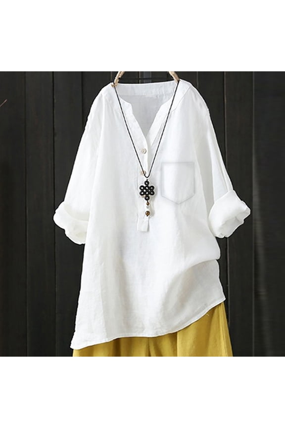 Women Loose Solid Shirt Long Sleeve Button Up Mandarin Collar Top Women Button down Oversized Button down Women Blouse Silk Shirts Coffee T Shirts for Women Super Tight Sleeve Solid Long