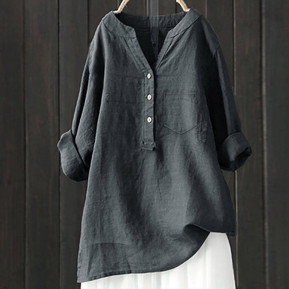 SHUNSUI Women Loose Solid Shirt Long Sleeve Button Up Mandarin Collar Top Women Button down Oversized Button down Women Blouse Silk Shirts Coffee T Shirts for Women Super Tight Sleeve Solid Long