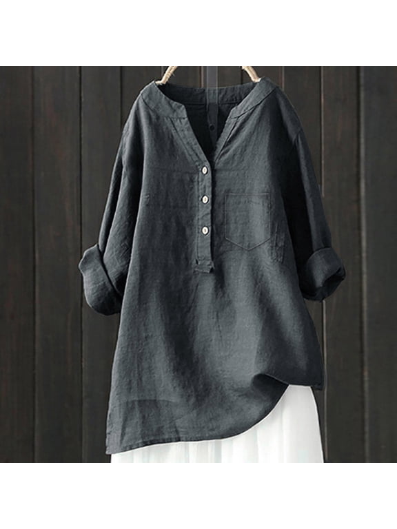 Women Loose Solid Shirt Long Sleeve Button Up Mandarin Collar Top Women Button down Oversized Button down Women Blouse Silk Shirts Coffee T Shirts for Women Super Tight Sleeve Solid Long