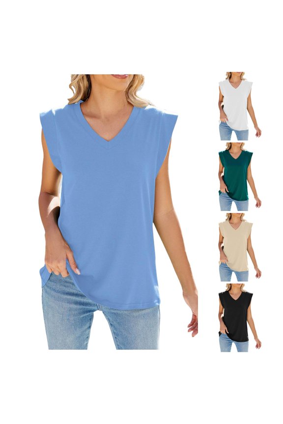 Women Summer Solid Color V Neck Cap Shoulder Sleeve Loose Sleeveless T Shirt Vest Women Air Top Women Bandage Top for Women Girls Workout Too Baseball Top Women High Neck Top Bartender Tops