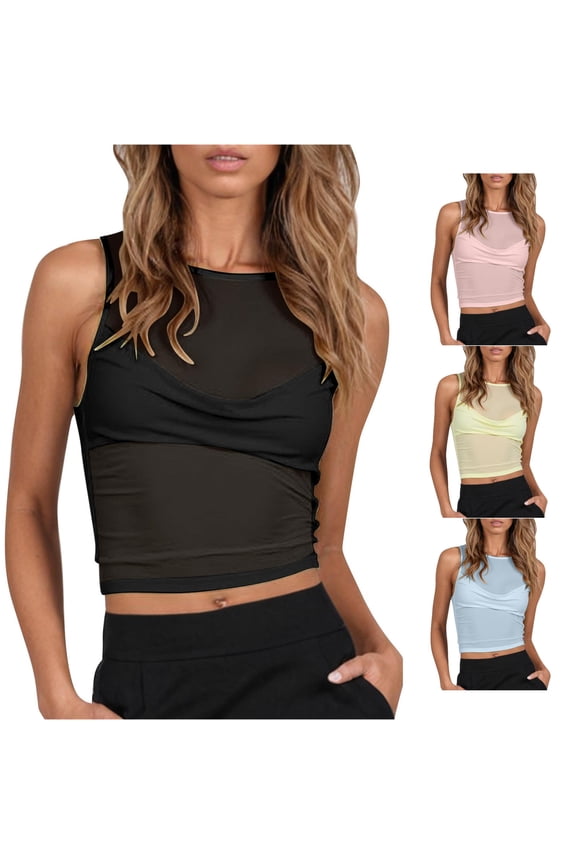 Women's Fashion Camisole Sheer Mesh Layering Top for Casual Summer Wear Round Neck Sleeveless Blouse See Through Tank