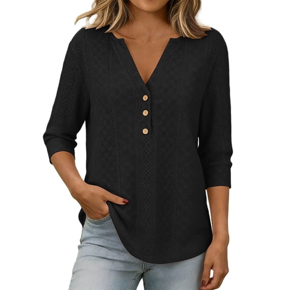 SHUNSUI Womens Plus Tops Summer 3/4 Sleeve Button Up Eyelet V Neck Tops ...