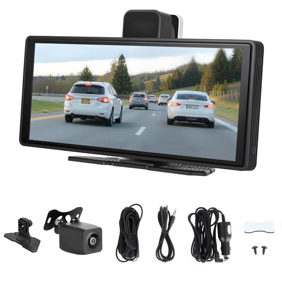 SHUO Y - 10.26" Wireless Car Display Screen, Car Stereo Automobile Video Player, Car Audio Receiver with 4K Dashboard Camera, Backup Camera, GPS Navigation, Mirror Link, Voice Control for CarPlay