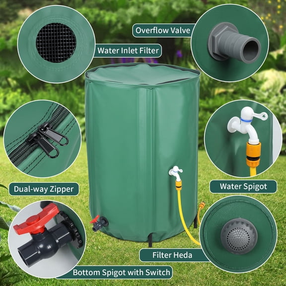 SHUO Y - 100 Gallon Foldable PVC Rain Water Collection Barrel, Collapsible Outdoor Rainwater Storage Tank with Dual Spigots, Inlet Filter & Overflow Valve for Garden Lawn Irrigation Cleaning