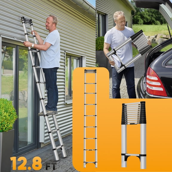 SHUO Y - 12.8 FT Telescoping Ladder, Stainless Steel Portable Extension Ladder with 300 LB Load Capacity, Collapsible Ladder for Home, RV, Outdoor Use