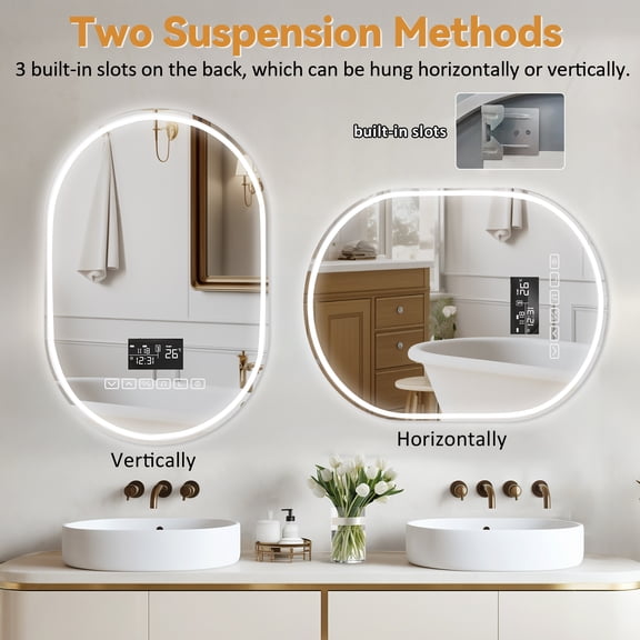 SHUO Y - 23.62 × 35.43 inches Wall-Mounted Vanity Mirror, Oval LED Bathroom Mirror with Lights, Wireless Connectivity Speaker, 3 Colors Temperature, Shatter-Proof