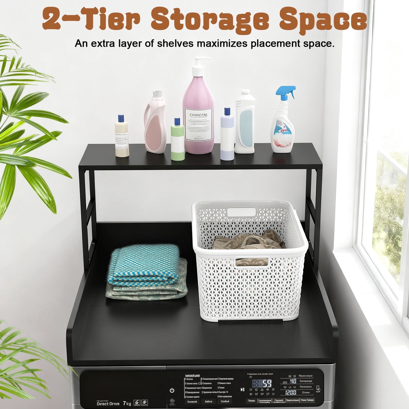 SHUO Y - 27.5" Washer Dryer Countertop with Shelf, 2-Tier Laundry Countertop, Washer Dryer Topper, Laundry Room Storage Organizer (with 3.0M Silicone Strip), Black