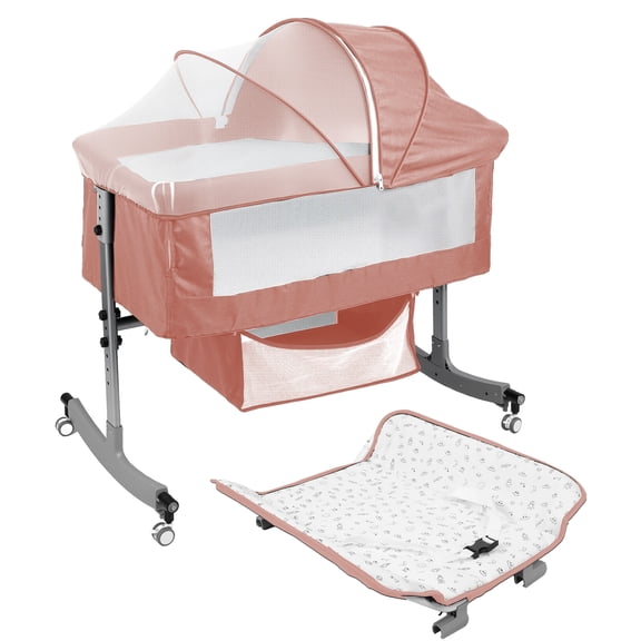SHUO Y - 4-in-1 Multi-function Baby Crib with Changing Station, Height Adjustable Bedside Baby Bassinet with Basket & Mosquito Net for 0-24 Months, 22 lbs Capacity (Pink)