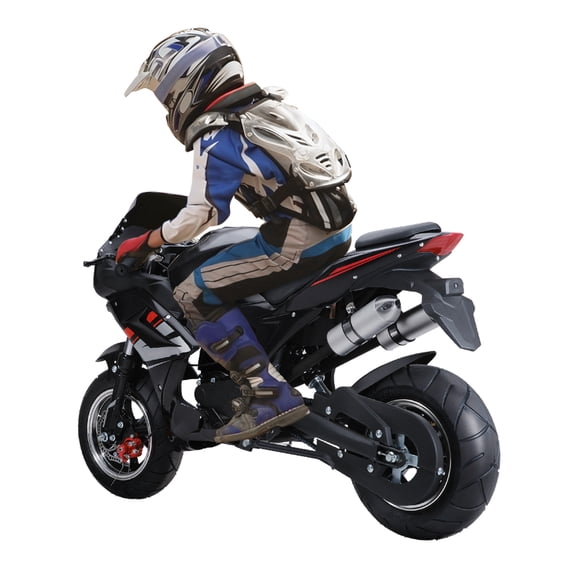 SHUO Y 49cc 4-Stroke Pocket Rocket Motorcycle, 8 Inch Wheels Mini Motorcycle, Gas Pocket Motorbike with Front Rear Disc Brakes, Dual Headlights (Black)