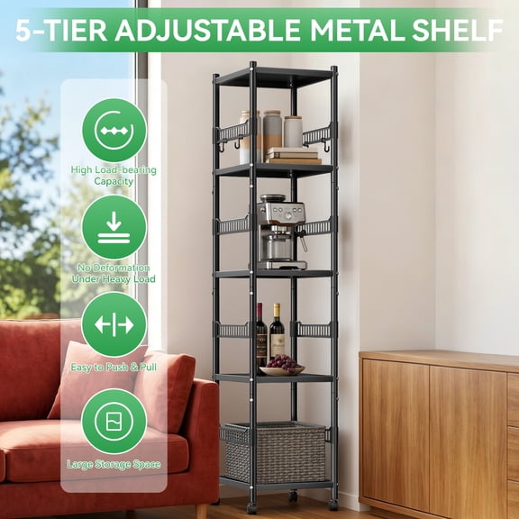 SHUO Y - 5-Tier Adjustable Metal Storage Shelf with Locking Wheels, 440 lbs Capacity, Heavy Duty Steel with Triangle Support, Easy Assembly Pantry Rack for Kitchen Pantry Garage