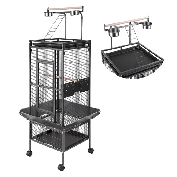 SHUO Y - 61" Extra Large Bird Cage, Corner Wide Parrot Cage, Large Wrought Iron Rolling Bird Cage with 360 Degree Wheels for African Grey Parrots, Macaw Rooftop Play & Lock Protection