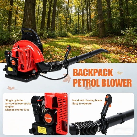 SHUO Y - 63cc 2-Stroke Backpack Gas Leaf Blower 665 CFM 3HP Heavy Duty Gas Powered Blower with Long Pipe for Lawn Yard Patio Cleaning (Red)