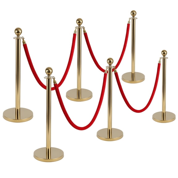 SHUO Y - 6Pcs Golden Stanchion Posts with 4 Red Velvet Ropes, Water/Sand/Concrete Fillable Base Crowd Control Barriers, Queue Management Safety Barriers Poles for Party, Prom, Wedding