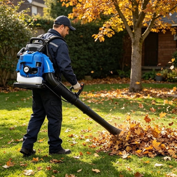SHUO Y - 75.6cc 4-Stroke Backpack Gas Leaf Blower, 750 CFM 205 MPH 3.5HP Gas Powered Blower with Long Tube for Lawn Yard Patio Cleaning (Blue)