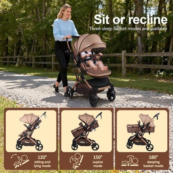 SHUO Y - Convertible Baby Stroller with Bassinet Mode, Adjustable Canopy Reversible Seat Foldable Pushchair, High Landscape Newborn Travel Pram for 0-36 Months Old Babies, Khaki