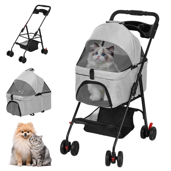 SHUO Y - Detachable Foldable Pet Stroller with Removable Travel Carrier, Lightweight 4-Wheel Cat Dog Walking Stroller Supports 8 Kilograms Max Load
