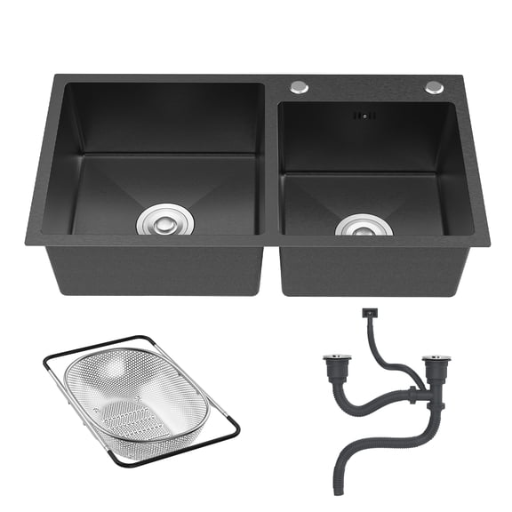 SHUO Y - Double Bowl Kitchen Sink, 30.7x16.9 Inch Stainless Steel Sink with Nano Coating, Drop-in/Top-Mount Sink for Modern Kitchen, Includes Drain Assembly and Drain Basket, Black