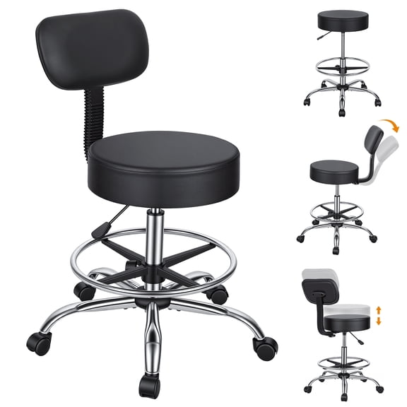SHUO Y - Drafting Stool with Backrest, Height Adjustable Office Desk Chair, Faux Leather Swivel Round Rolling Stool with Adjustable Foot Rest for Office Spa Studio Lab Counter Salon Home