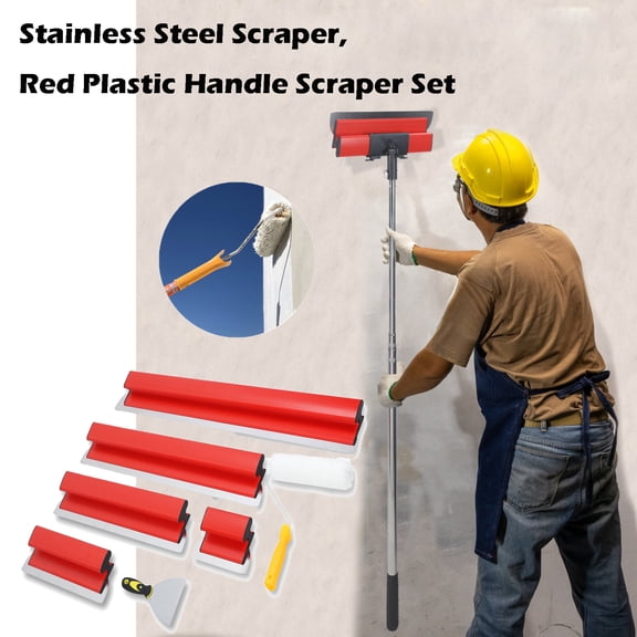 SHUO Y - Drywall Skimming Blade Set with Extendable Stainless Steel Pole, Paint Roller & Putty Knife, 5 Sizes Smoothing Blades, Wall Plaster Leveling Tool Kit with Hard Storage Case