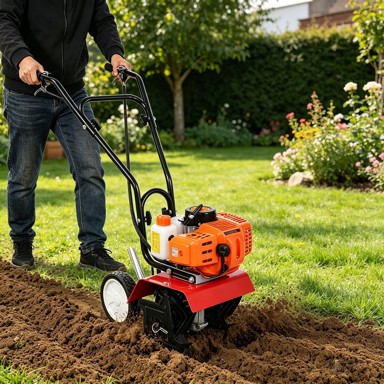 SHUO Y - Gas Cultivator 2 Stroke 9000RPM 1.2L Fuel Tank 6-inch Working Depth 7.9-inch Tilling Width Digging 3HP/1.65kW 52cc Garden Mini Tiller Garden Accessory, for Soil Cultivation