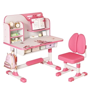 SHUO Y - Height Adjustable Kids Study Desk and Chair Set, Double-Back Ergonomic Children Writing Table with Multi-Layer Bookshelf & Side Backpack Hook, Boys Girls Home Homework Workstation, Pink