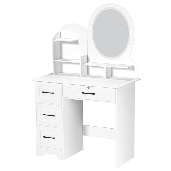 SHUO Y - Makeup Desk with Mirror, Large Vanity Desk with Storage Shelves, 4 Drawers, Makeup Vanity Table with Light, Bedroom Dressing Table