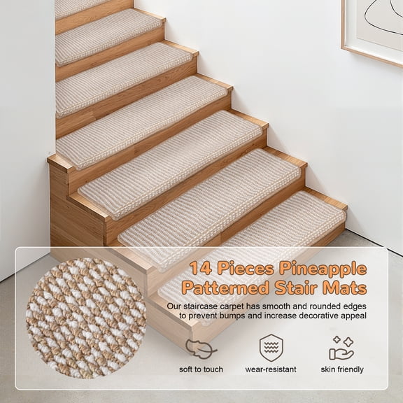 SHUO Y - Non-Slip Stair Carpet 14 Pcs/Set, 30"x9.5" Polypropylene Fiber Stair Mats, Self-Adhesive Rugs for Wood, Marble, or Tile Stairs, Beige