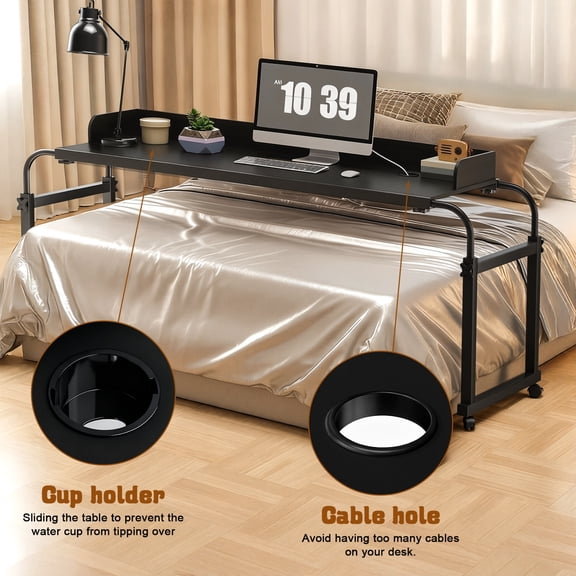 SHUO Y - Overbed Table with Wheels, Adjustable Legs Height Rolling Over Bed Desk, Heavy Duty Laptop Table for Hospital and Home, 47.24"x15.75", 350lbs Capacity, Black
