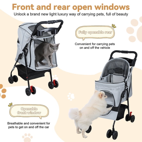 SHUO Y - Pet Stroller, Foldable 4 Wheels Cat And Dog Stroller with Mesh Windows, Cup Holder, Storage Basket, Pet Strolling Cart Holds up to 22lbs for Small Medium Dogs Cats, Grey