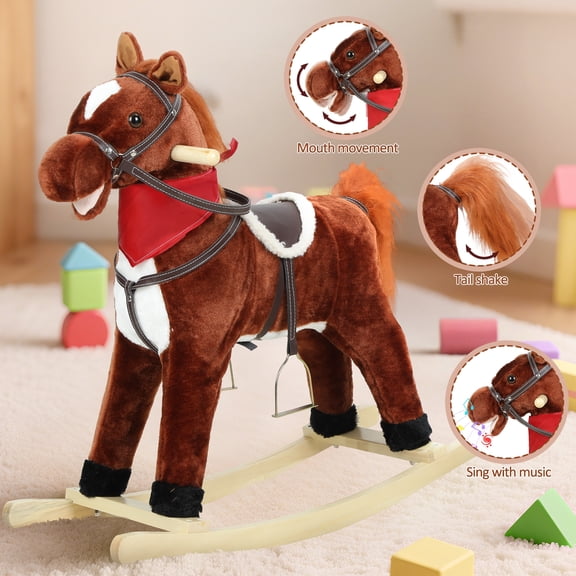 SHUO Y - Plush Rocking Horse, Interactive Ride-On Toy with Music, Moving Mouth & Tail, Wooden Base, 110 lbs Capacity, Dark Brown (Middle)