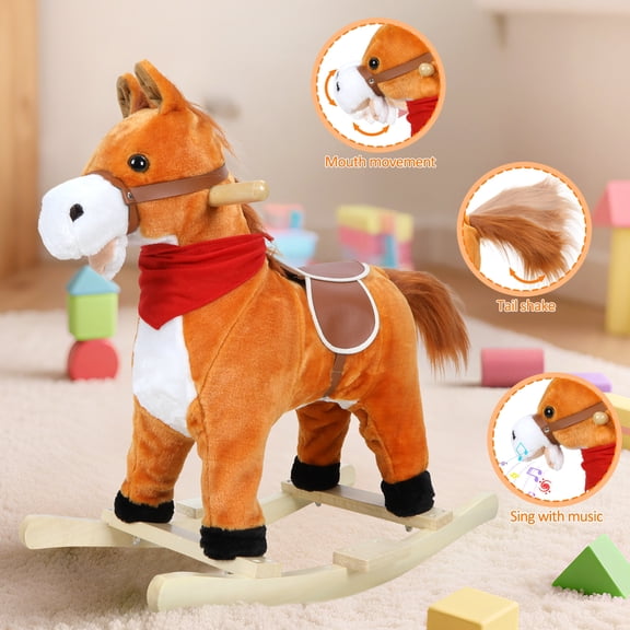 SHUO Y - Plush Rocking Horse, Interactive Ride-On Toy with Music, Moving Mouth & Tail, Wooden Base, 110 lbs Capacity, Light Brown (Small)