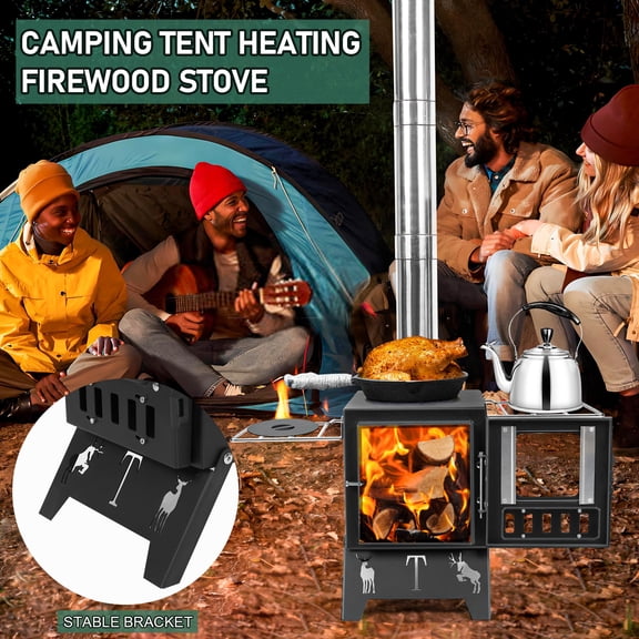 SHUO Y - Portable Wood Burning Stove with Chimney Pipe, Multi-Function Camping Wood Stove with Clear View Window, Adjustable Air Vent & Side Cooking Racks for Tent, Cabin, Outdoor Cooking Heating