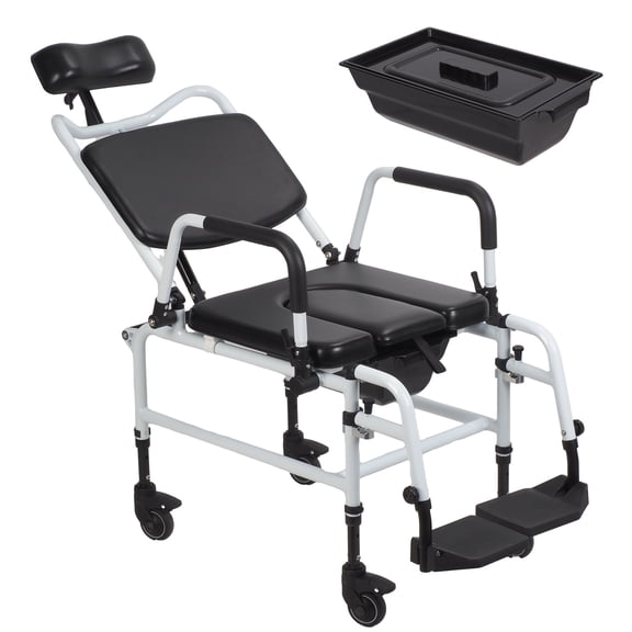 SHUO Y - Rolling Commode Shower Chair with Adjustable Headrest, Angle Adjustable Bedside Commode Chair with Flip-Up Armrest & Footrest, Supports up to 330 LBS for Elderly