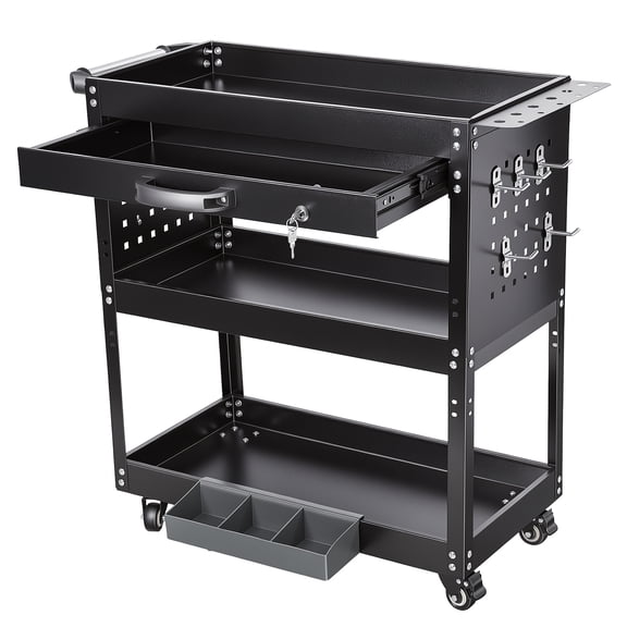 SHUO Y - Rolling Tool Cart with Drawer, Heavy Duty 3 Tier Utility Cart on Wheels, Service Cart with 10 Hooks, 331 LBS Capacity, for Garage, Workshop and Warehouse