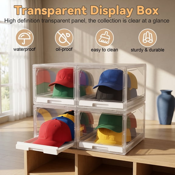 SHUO Y - Stackable Clear Hat Storage Boxes, Magnetic Front Door, 4-Pack PET Drawer Organizer with Dust-Proof Design, for Baseball Caps & Accessories