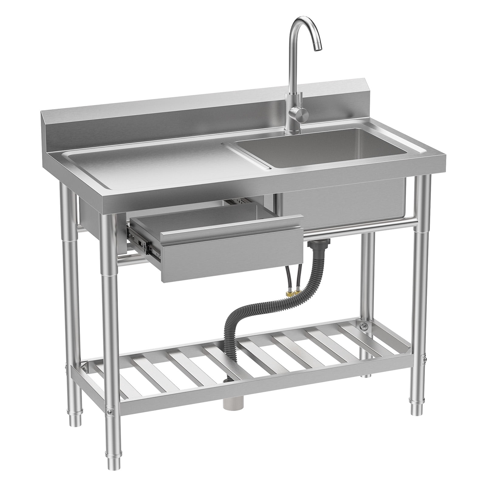 SHUO Y - Stainless Steel Sink with Drawer, Bottom Shelf, 39-Inch Free Standing Utility Sink with Cold Hot Water Faucet Hose, Single Bowl Sink for Indoor, Outdoor, Kitchen, Laundry Room