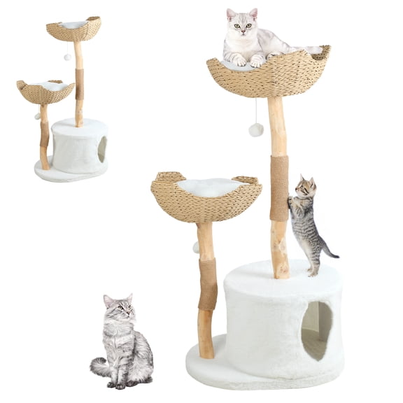SHUO Y - Wood Cat Tree Tower with 2 Woven Baskets, Scratching Post for Large Cats, 22 lbs Capacity