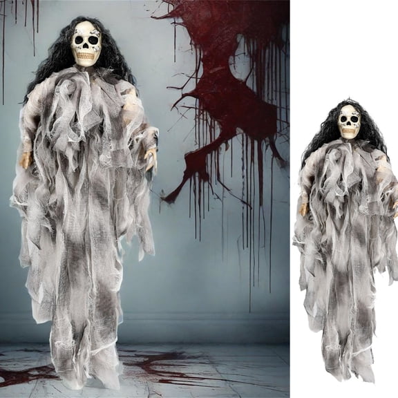 SHURUIMA 75cm Tattered Gauze Hanging Ghost Skeleton Prop, Shatter Resistant Skull Halloween Party Decor, 29.5 Inch Grey Ragged Spirit Haunted House Pendant, 1 Piece