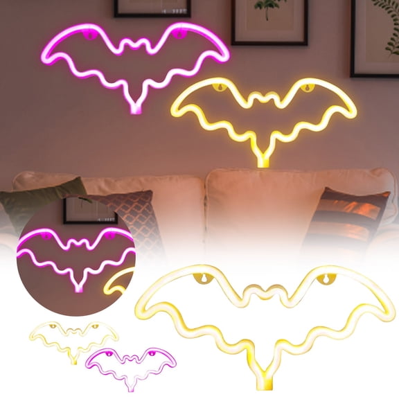 SHURUIMA Bat LED Neon Halloween Light, Shatter Resistant Yellow Bat Shape Wall Neon Sign, 14.2 X 7.1 Inch Indoor Spooky Holiday Atmosphere Lamp, 1 Piece