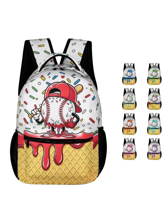 Cartoon Baseball Backpack, Durable Polyester Casual Daypack for Youth, Large Capacity Unisex Backpack with Ice Cream Print, 9.8x9.8 Inches