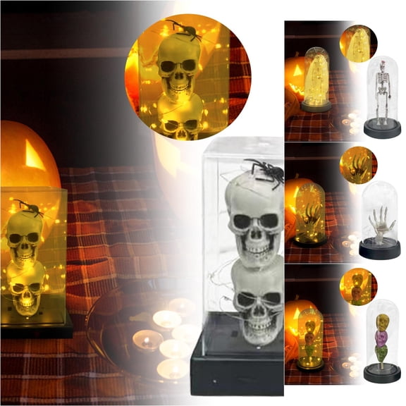 SHURUIMA Cloche Dome Halloween LED Night Light, Shatter Resistant Mini Skeleton Skull Hand Table Lamp, 8.3 X 3.5 Inch Spooky Indoor Mantel Decor, 1 Piece