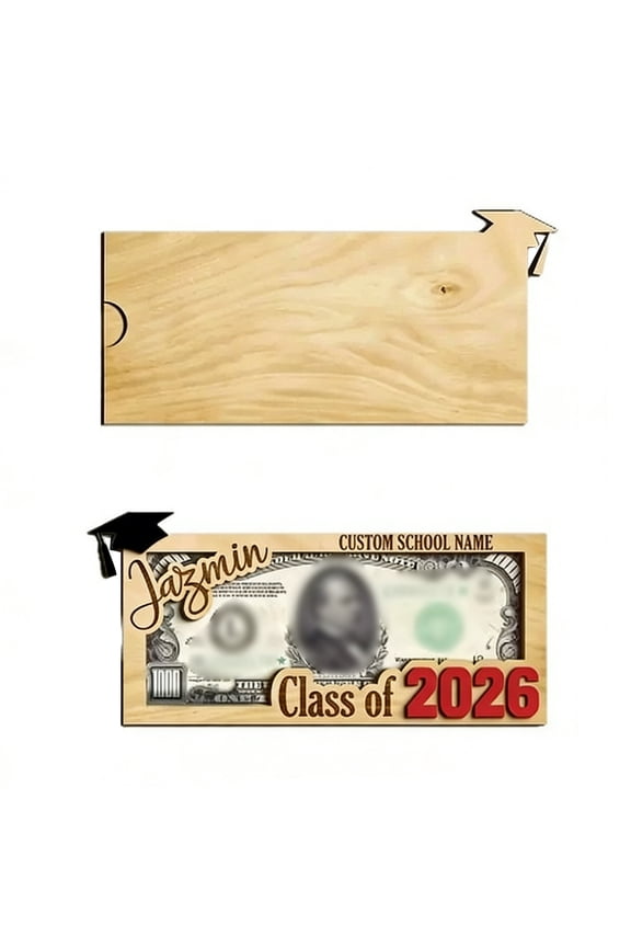 Custom Graduation Wooden Money Holder 7.87x4 Inch Dollar Bill Cash Wallet With 3D Grad Cap Custom Name & School Engraving Personalized Grad Gift Cash Holder